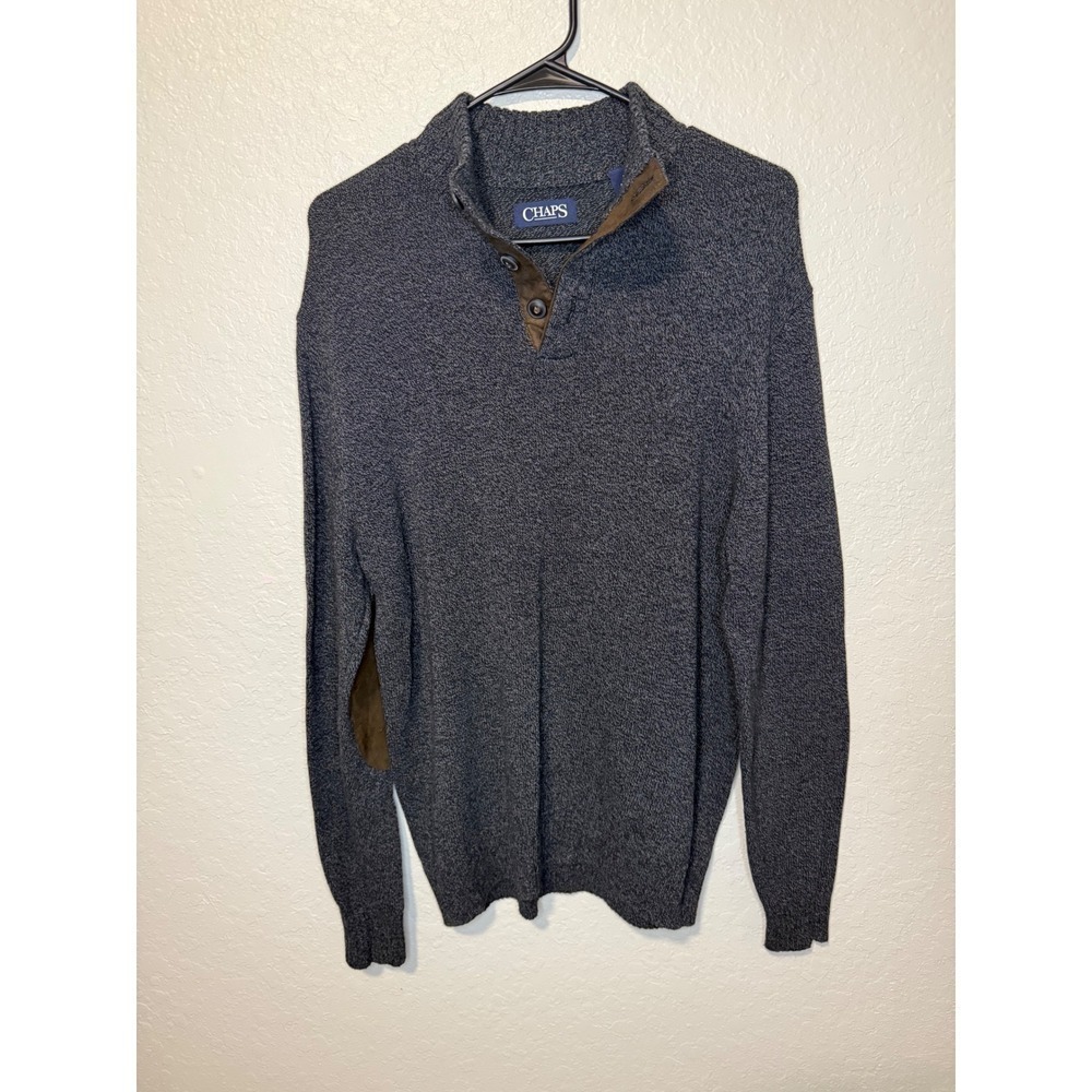 CHAPS Mens Gray Quarter Button Pullover Sweater with Elbow Patches
